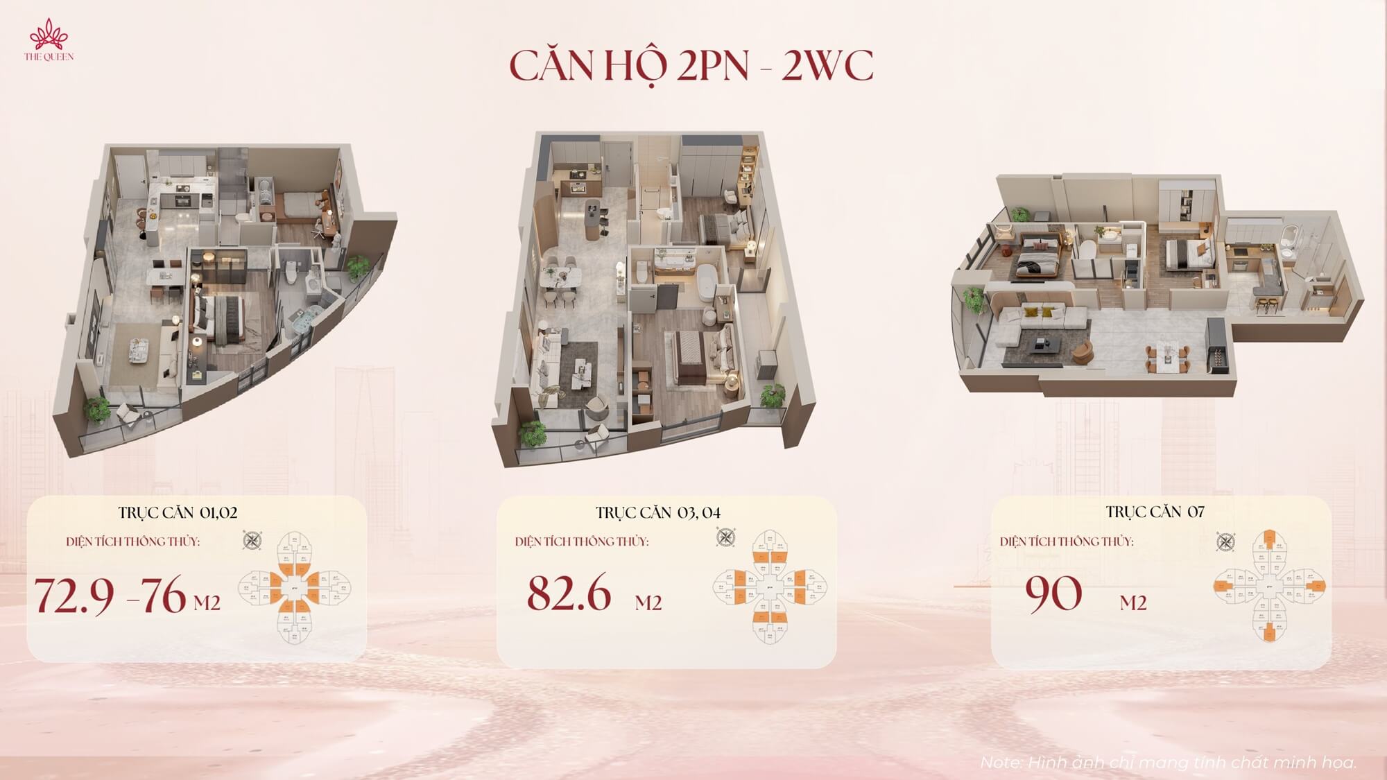 thiết kế căn hộ 2 ngủ the queen 360 giải phóng
