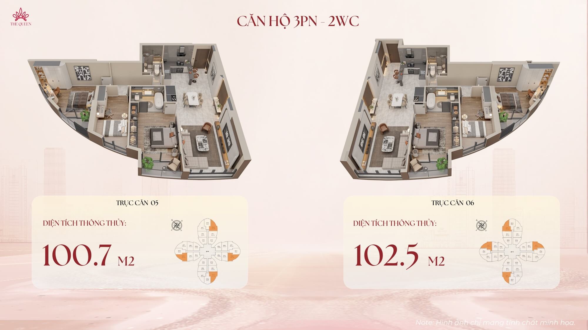 thiết kế căn hộ 3 ngủ the queen 360 giải phóng